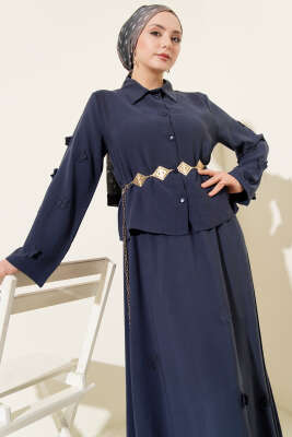 Çiçek Süslemeli Tensel Etekli Takım Lacivert - Thumbnail