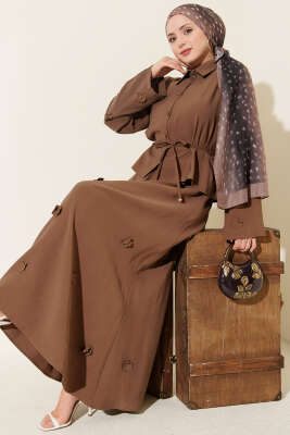 Çiçek Süslemeli Tensel Etekli Takım Kahve - Thumbnail