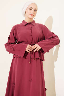 Çiçek Süslemeli Tensel Etekli Takım Burgonya - Thumbnail