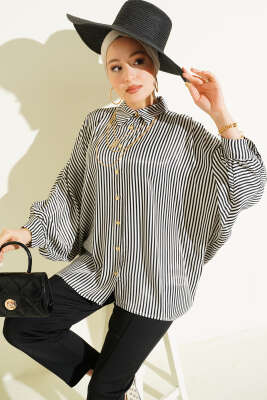 Yarasa Kol Çizgili Oversize Gömlek Siyah - Thumbnail