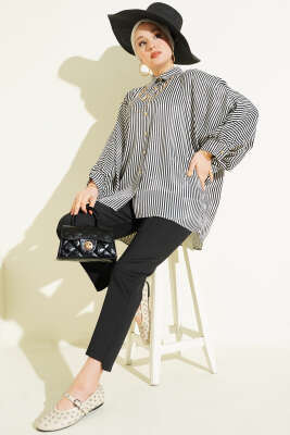 Yarasa Kol Çizgili Oversize Gömlek Siyah - Thumbnail
