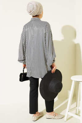 Yarasa Kol Çizgili Oversize Gömlek Siyah - Thumbnail