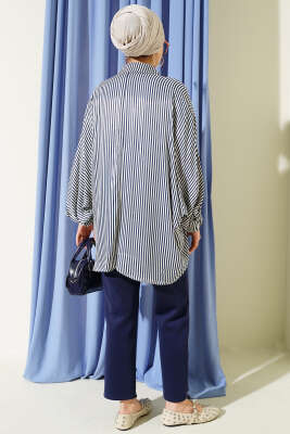 Yarasa Kol Çizgili Oversize Gömlek Lacivert - Thumbnail