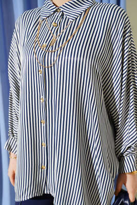 Yarasa Kol Çizgili Oversize Gömlek Lacivert - Thumbnail