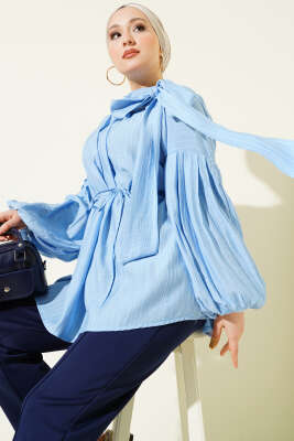 Pazarium - Omuz Fiyonklu Salaş Tunik Mavi