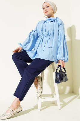 Omuz Fiyonklu Salaş Tunik Mavi - Thumbnail