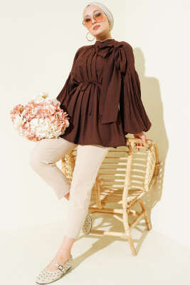 Omuz Fiyonklu Salaş Tunik Kahve - Thumbnail