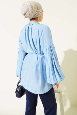 Omuz Fiyonklu Salaş Tunik Mavi - Thumbnail