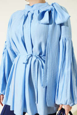 Omuz Fiyonklu Salaş Tunik Mavi - Thumbnail