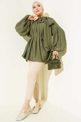 Omuz Fiyonklu Salaş Tunik Haki - Thumbnail
