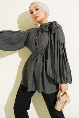 Omuz Fiyonklu Salaş Tunik Füme - Thumbnail
