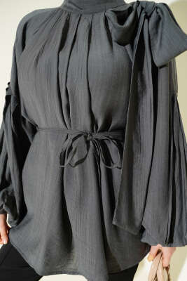 Omuz Fiyonklu Salaş Tunik Füme - Thumbnail