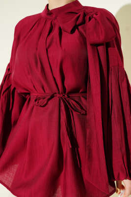 Omuz Fiyonklu Salaş Tunik Bordo - Thumbnail