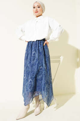 Retro Desen Asimetrik Şifon Etek Lacivert - Thumbnail