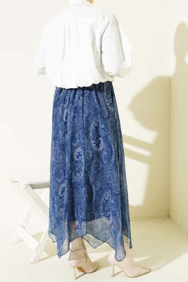 Retro Desen Asimetrik Şifon Etek Lacivert - Thumbnail