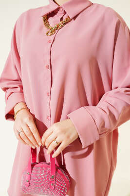 Kolyeli Yarasa Kol Salaş Gömlek Pudra - Thumbnail