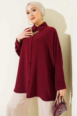 Kolyeli Yarasa Kol Salaş Gömlek Bordo - Thumbnail