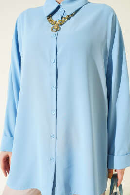 Kolyeli Yarasa Kol Salaş Gömlek Mavi - Thumbnail