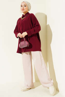 Kolyeli Yarasa Kol Salaş Gömlek Bordo - Thumbnail