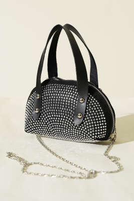 Taş İşlemeli Mini Çanta Siyah - Thumbnail