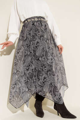 Retro Desen Asimetrik Şifon Etek Siyah - Thumbnail