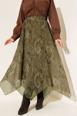 Pazarium - Retro Desen Asimetrik Şifon Etek Haki