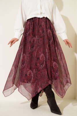 Retro Desen Asimetrik Şifon Etek Bordo - Thumbnail