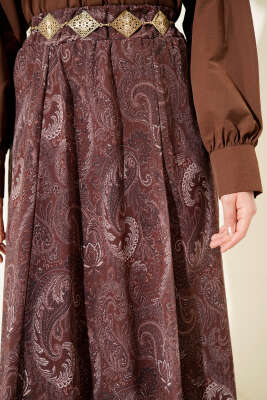 Retro Desen Asimetrik Şifon Etek Kahve - Thumbnail