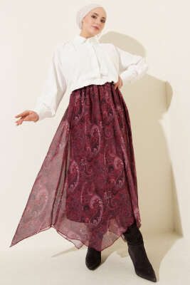 Retro Desen Asimetrik Şifon Etek Bordo - Thumbnail
