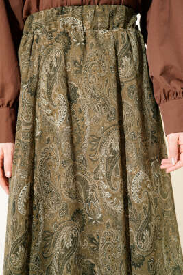 Retro Desen Asimetrik Şifon Etek Haki - Thumbnail