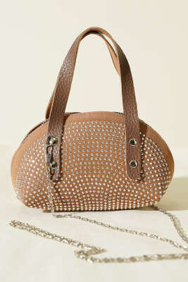 Taş İşlemeli Mini Çanta Vizon - Thumbnail