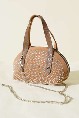 Taş İşlemeli Mini Çanta Vizon - Thumbnail