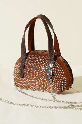 Taş İşlemeli Mini Çanta Kahve - Thumbnail