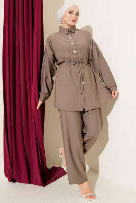 Pazarium - Taşlı Bel Tünelli Tunik İkili Takım Vizon