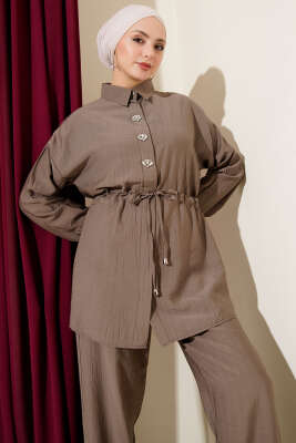 Taşlı Bel Tünelli Tunik İkili Takım Vizon - Thumbnail