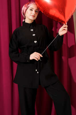 Taşlı Bel Tünelli Tunik İkili Takım Siyah - Thumbnail