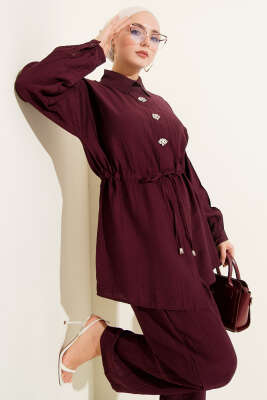 Pazarium - Taşlı Bel Tünelli Tunik İkili Takım Mürdüm