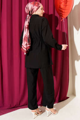 Taşlı Bel Tünelli Tunik İkili Takım Siyah - Thumbnail