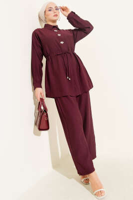 Taşlı Bel Tünelli Tunik İkili Takım Mürdüm - Thumbnail