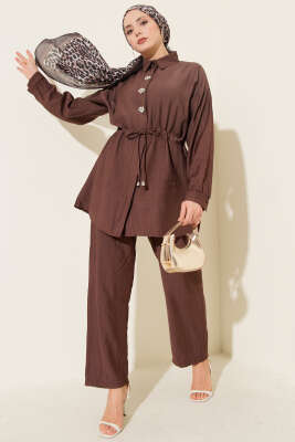 Taşlı Bel Tünelli Tunik İkili Takım Kahve - Thumbnail