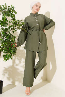 Taşlı Bel Tünelli Tunik İkili Takım Haki - Thumbnail