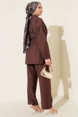 Taşlı Bel Tünelli Tunik İkili Takım Kahve - Thumbnail