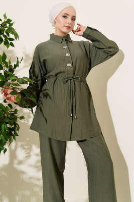 Taşlı Bel Tünelli Tunik İkili Takım Haki - Thumbnail