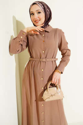 Boydan Düğmeli Kemerli Tensel Elbise Vizon - Thumbnail