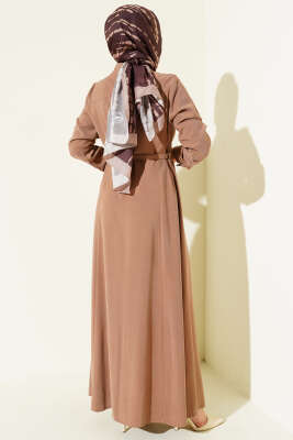 Boydan Düğmeli Kemerli Tensel Elbise Vizon - Thumbnail