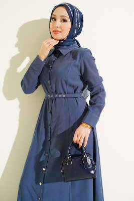 Boydan Düğmeli Kemerli Tensel Elbise İndigo - Thumbnail