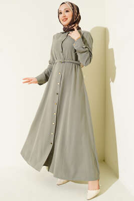 Boydan Düğmeli Kemerli Tensel Elbise Haki - Thumbnail
