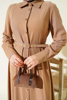 Boydan Düğmeli Kemerli Tensel Elbise Latte - Thumbnail