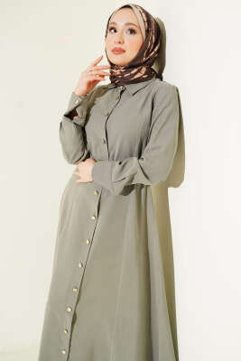Boydan Düğmeli Kemerli Tensel Elbise Haki - Thumbnail