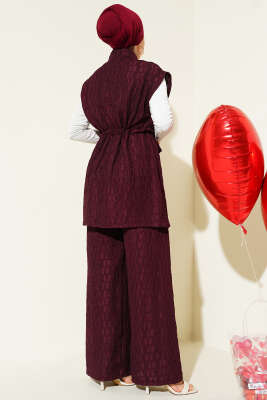 Bel Tünelli Kabartma Desen Yelekli Takım Burgonya - Thumbnail
